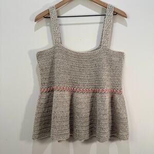 Vintage Handmade Crocheted Tank Top Large Taupe Pink